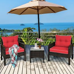 3 Piece Outdoor Rattan Conversation Set Patio Furniture Upholstered Sofa Chair (Color: Red)