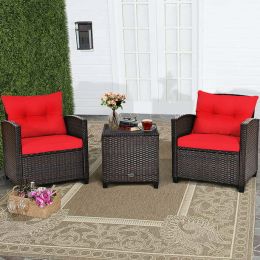 3 Pieces Garden Rattan Furniture Set Upholstered Sofa Coffee Table (Color: Red)