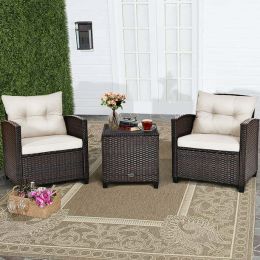 3 Pieces Garden Rattan Furniture Set Upholstered Sofa Coffee Table (Color: off-white)