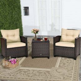 3 Pieces Garden Rattan Furniture Set Upholstered Sofa Coffee Table (Color: beige)