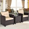 3 Pieces Garden Rattan Furniture Set Upholstered Sofa Coffee Table