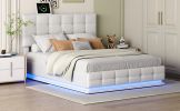 Tufted Upholstered Platform Bed with Hydraulic Storage System; Queen Size PU Storage Bed with LED Lights and USB charge